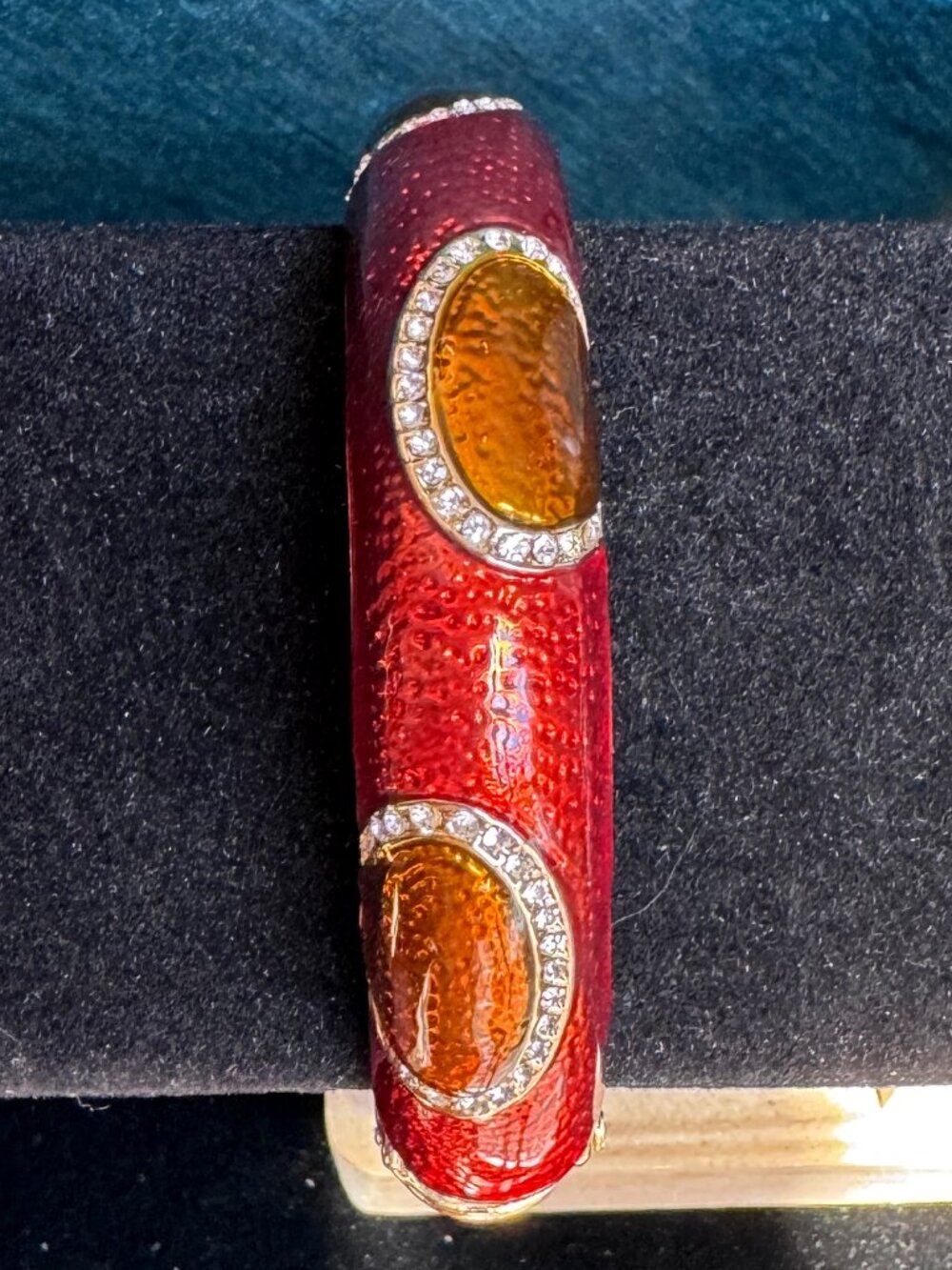 IMAN Signed Red Orange Rhinestone Enamel Hinged Bangle Bracelet